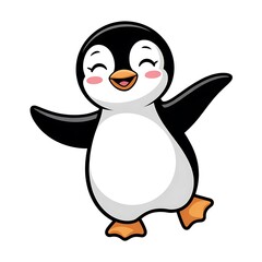 Obraz premium Cheerful Cartoon Penguin Character with Open Arms and a Playful Expression, Standing on One Foot Isolated on a White Background
