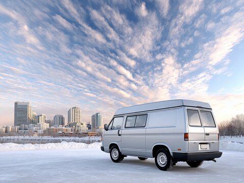 A silver van parked in a snowy landscape with a city skyline in the background. A picturesque winter scene.