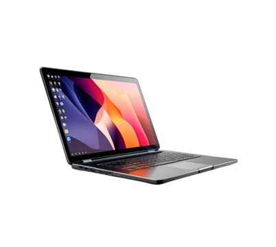Open laptop with colorful display sits on png transparent cutout background for website hero, product shot, and advertising.