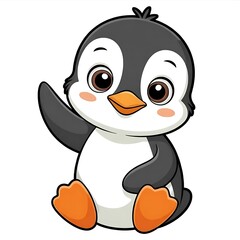 Obraz premium Adorable Cartoon Penguin Character with Big Eyes and Orange Beak Waving Cheerfully Isolated on White Background for Creative Projects