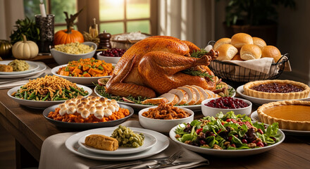 Roasted turkey on Thanksgiving table, with stuffing, sweet potatoes, cranberry sauce, green beans, rolls, pumpkin/pecan pies. Showcase of traditional autumnal feast