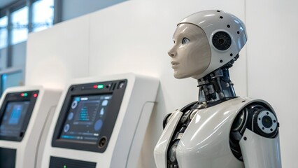 A humanoid robot standing next to two interactive kiosks in a modern white environment looking ahead
