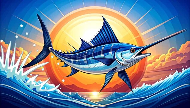 Blue Marlin Leaping at Sunset Over Ocean Waves