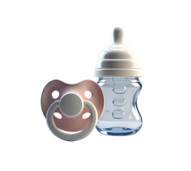 Pink, white, blue pacifier and bottle shine on PNG transparent cutout background, ideal for product staging, branding, and social media visuals.