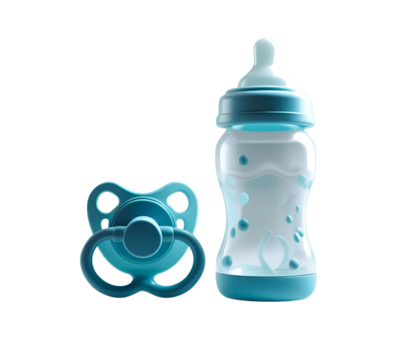 Turquoise baby bottle and pacifier shine on a transparent background. Perfect for product displays, branding, and social media designs.