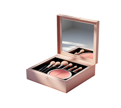 Rose gold texture reflects light on makeup brushes and powder on png transparent cutout background. Ideal for product staging, branding, and social media design.