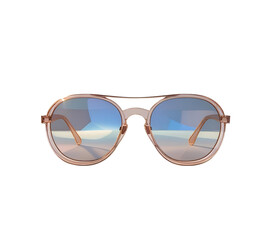 Gold-rimmed sunglasses reflect blue light, set on a transparent PNG background for product staging and social media designs.