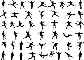 Grid of black silhouettes of men in dynamic jumping and standing action poses athletic energetic fitness motion isolated on white background human movement vector illustration