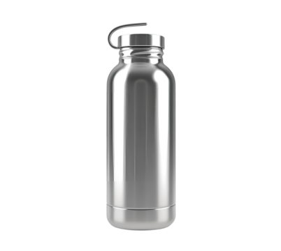 Silver metal texture reflects light on reusable water bottle on png transparent cutout background for product staging.