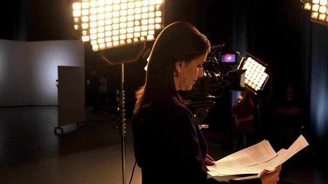 Female presenter preparing for broadcast, holding script while illuminated by bright studio lights, with camera equipment and crew in the background, showcasing the behind-the-scenes of a production e