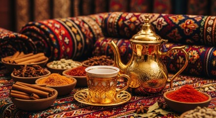 Fototapeta premium Golden teapot and cup amidst spices and rugs