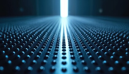 Blue metallic floor with bumpy, raised pattern. Bright light beam shines from dark background, creating futuristic, industrial, sci-fi atmosphere. Texture detail suggests advanced technology clean,