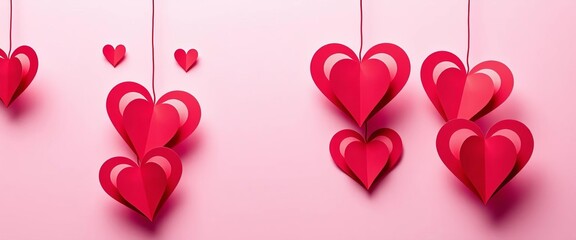Layered paper cut hearts hanging against a pink gradient background Elegant Valentine's Day design with copy space,  pretty,  digital