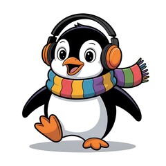 Naklejka premium Cheerful Cartoon Penguin with Headphones and Colorful Scarf Enjoying Music and Spreading Joyful Vibes with a Playful Pose