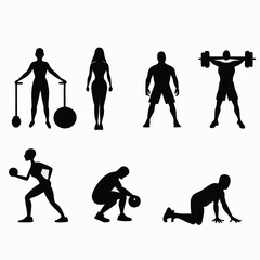 Silhouettes of people, including a man, in the gym, in various poses and activities