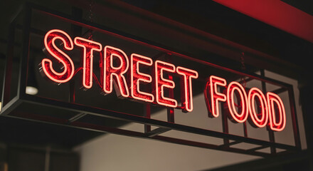Red neon "Street Food" sign, mounted in a dark metal frame, hangs from chains.  Represents vibrant street food culture and nightlife