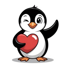 Adorable Cartoon Penguin Waving and Holding a Red Heart Perfect for Valentine's Day or Expressing Love and Affection