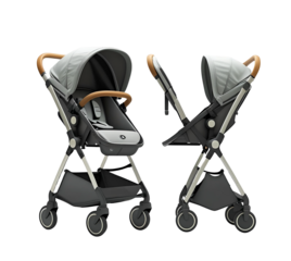 Gray stroller has transparent style. Features bright light and minimal design. Use for product photography, branding, or website banner.