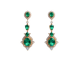 Emerald gold earrings glisten on png transparent cutout background, ideal for e-commerce product photography.