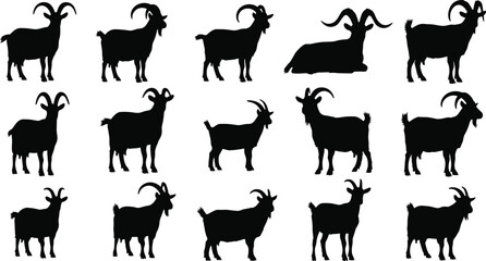 Goat silhouette vector set, black goat clipart, farm animal design, livestock illustration, goat pose collection, wildlife graphic, goat art pack