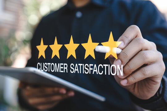 Customer Satisfaction Concept A Person Holding a Tablet with Five Stars and the Words Customer Satisfaction