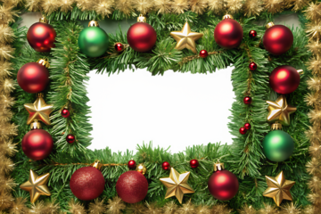 Christmas frame with red and green baubles, gold stars and tinsel on a transparent background