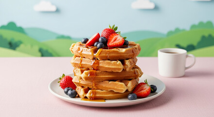 Stack of golden waffles topped with strawberries and blueberries, drizzled with syrup, on a plate against a pastel landscape background, showcasing a delicious breakfast scene