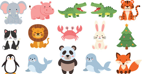 Fototapeta premium Christmas cartoon animals, festive animal grid, cute holiday characters, kids Christmas illustration, animal clipart set, decorated tree, winter vector bundle