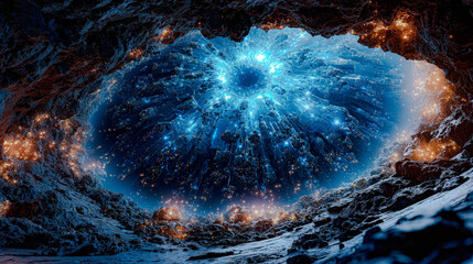 View from ice cave. Surreal blue energy and fire burst in ice valley. Magical winter landscape with cold blue light and warm orange glow.