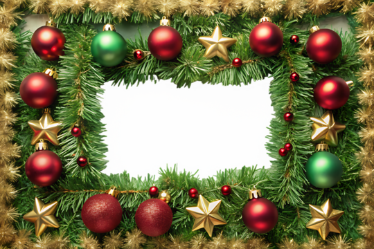 Christmas frame with red and green baubles, gold stars and tinsel on a transparent background