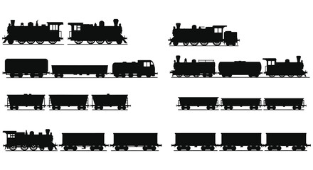 Various Steam Train and Wagon Combinations in Black Silhouette Style silhouette