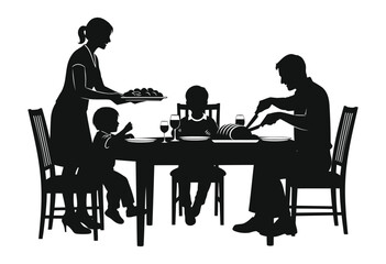 Family Dinner Silhouette – Home Meal Together Vector Illustration