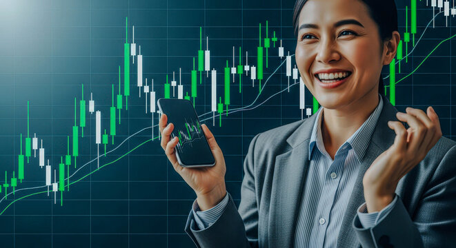 Happy woman looking at a bullish stock market chart with candlestick graph. Financial technology and investment app concept for trader. - Powered by Adobe