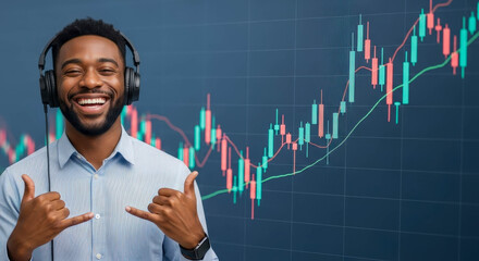Professional african american man wearing headphone and smiling with shaka hand sign over financial stock market chart.