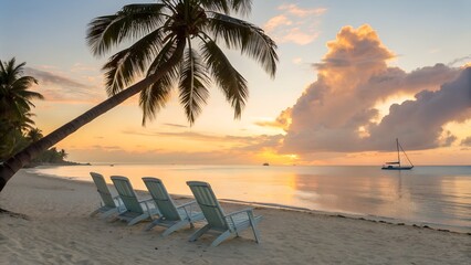 Beach chairs under palm tree at sunset with sailboat on the water and cloudy sky in the background