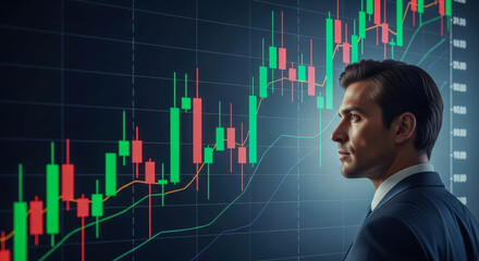 Man looking at stock market chart on digital screen for financial analysis. Businessman monitoring investment data, cryptocurrency trading.