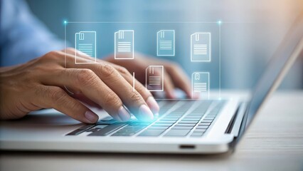 Hands typing on a laptop with digital document icons floating above representing data management and online information
