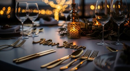 Festive New Year's Eve dinner table, with golden cutlery, candlelight, and the words "New Year" displayed on a light-colored tablecloth. City lights softly blur in the background
