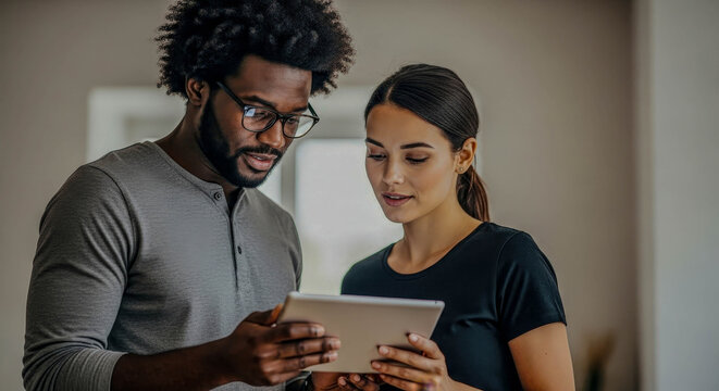 Man and woman looking at a tablet together, sharing digital content or working collaboratively using technology for business or casual use.