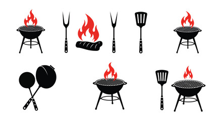 Barbecue Grill and Utensils Collection with Flames Silhouette