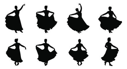 Flamenco Dancer Poses in Black Silhouette on White Background silhouette