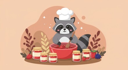 Fototapeta premium Cute raccoon chef making jam.