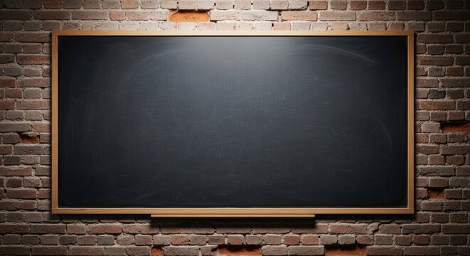 Empty chalkboard on a brick wall