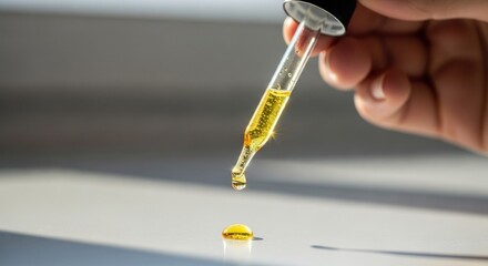 Dropper dispensing a golden liquid onto a light surface