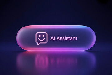 Futuristic AI Assistant Button with Smiling Face Pixel Art and Neon Glow on Dark Reflective Surface