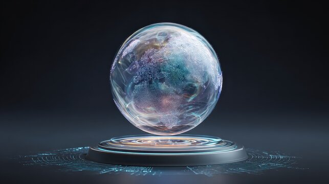 Holographic Earth, digital pedestal, abstract patterns. Stock