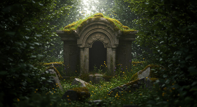 Overgrown mausoleum in a dense forest with moss and wildflowers illuminated by soft sunlight above