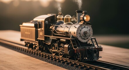 Detailed close-up of a vintage steam locomotive model on tracks, bathed in warm sunlight