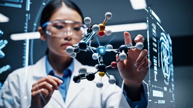 Female scientist in white lab coat is examining molecular structure with digital interface, showcasing advanced technology and innovation in a modern laboratory environment focused on research and dis
