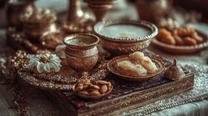 Naklejka premium Luxurious Arabian Dessert Arrangement with Golden Vessels and Exquisite Treats